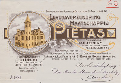 711861 Kop van een nota van Piëtas, Levensverzekering Maatschappij, directeur: A.J. Snoekc, Hoofdkantoor [Drift 9] te ...